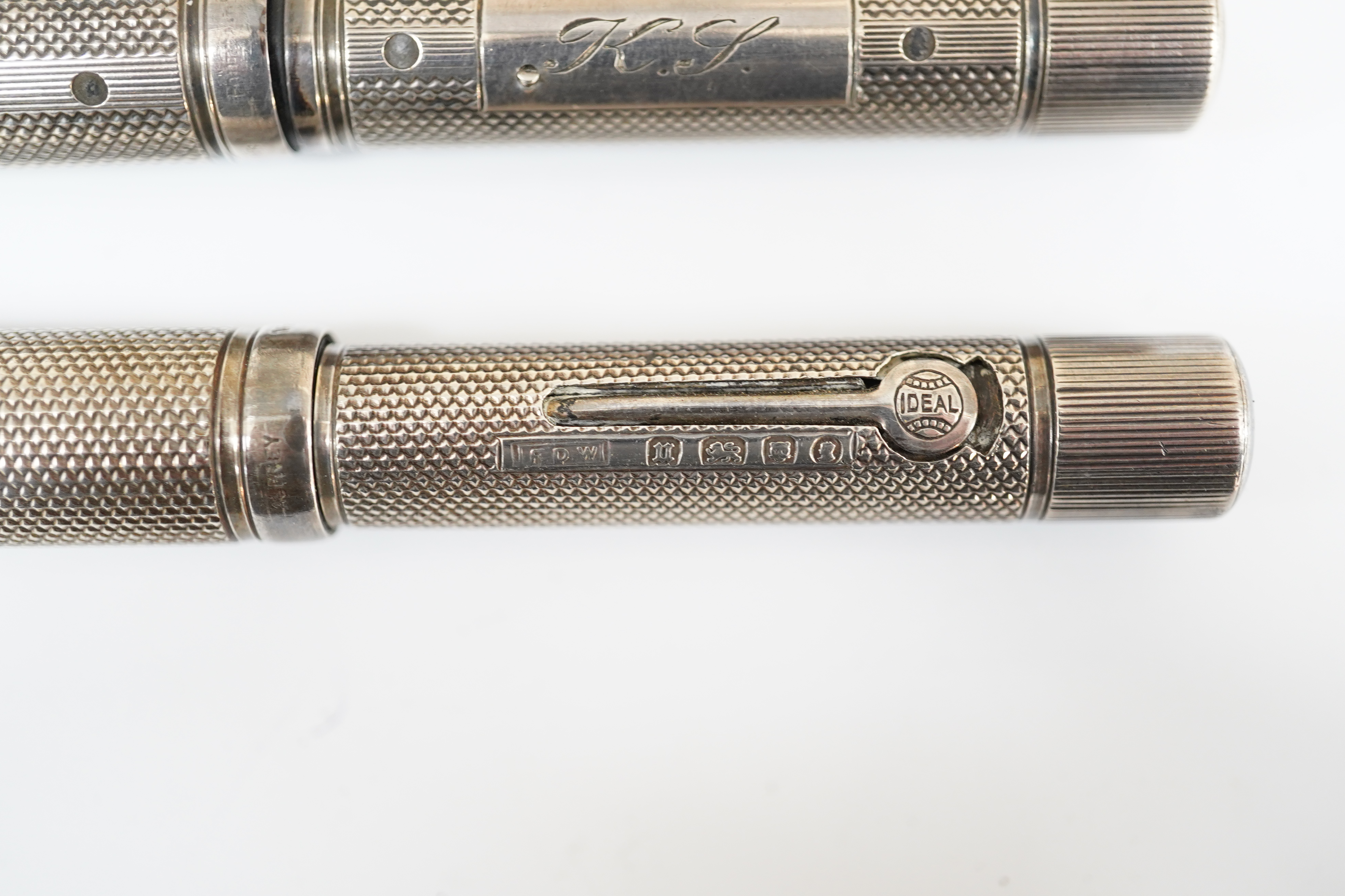 Two Waterman Sterling silver fountain pens, fully hallmarked with FDW maker's mark lever filled pens